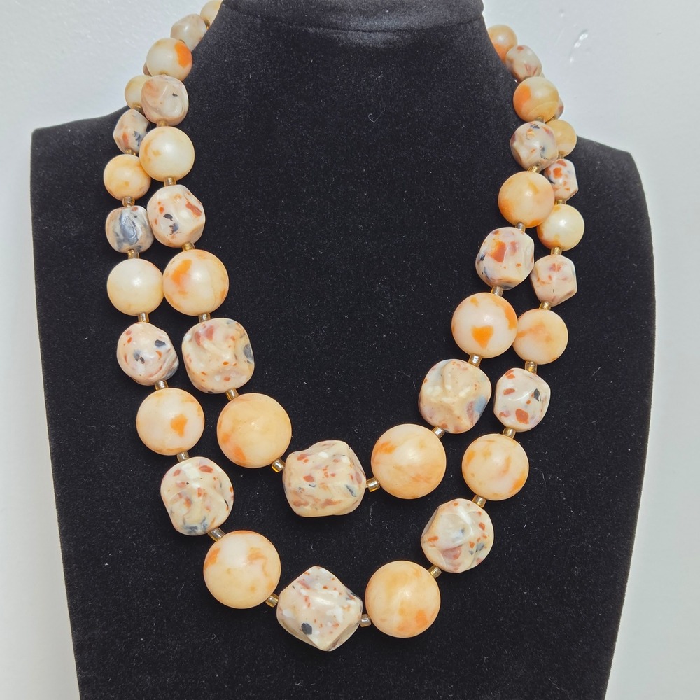 Vintage Bobo Double-Strand Nugget Bead Necklace Earth Tone Resin Statement 90s